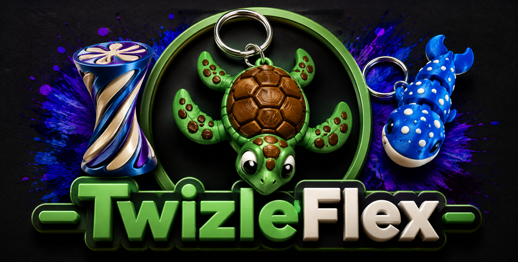TwizleFlex 3D printed products including a turtle keyring and flexible novelty designs
